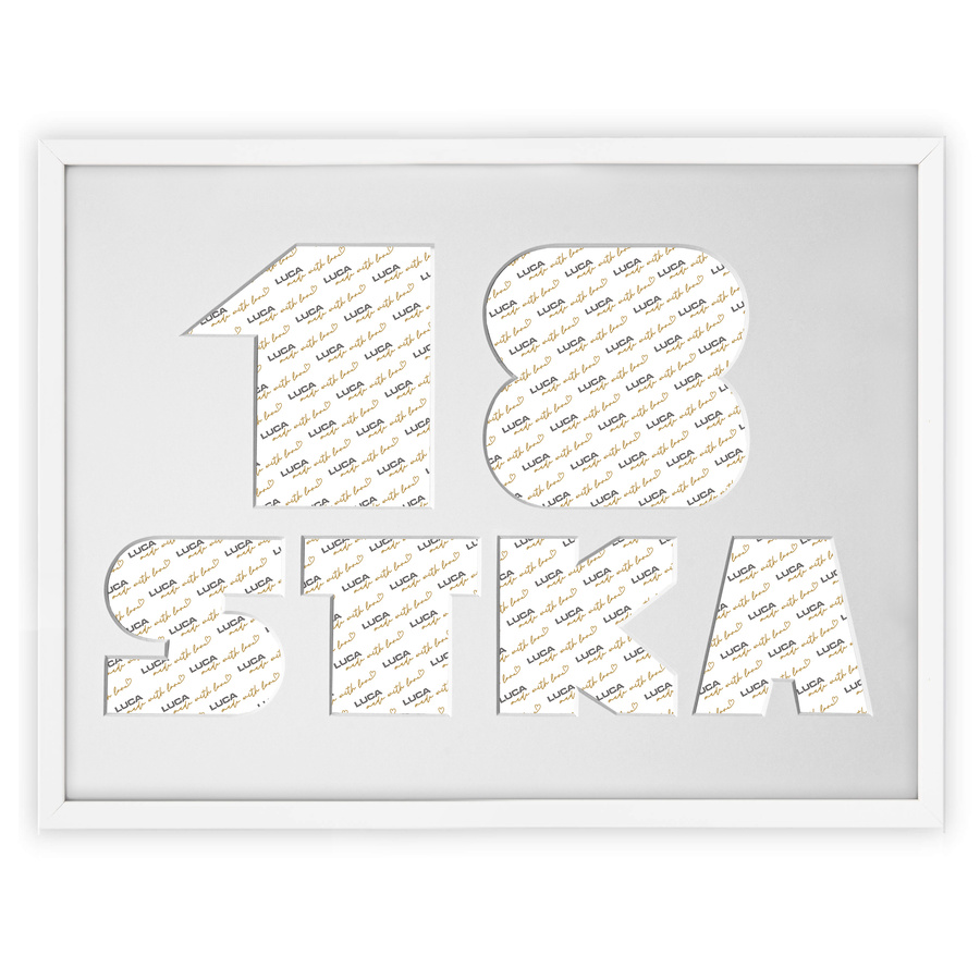 Ramka na 18-ste urodziny w kolorze białym. Ramka z passe partout o rozmiarze 30x40 cm