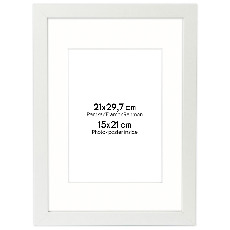 Biała ramka z passe partout na zdjęcia w rozmiarze 21X29,7 cm z okienkiem passe partout 15x21 cm
