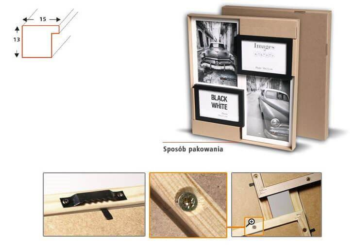 Multirama drewniana Black & White 44, zestaw ramek 2 X 10x15 cm, 2 X 15x21 cm - czarno-biała