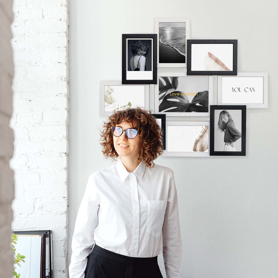 Multirama drewniana Black & White 91, zestaw ramek 8 X 10x15 cm, 1 X 13x18 cm - czarno-biała