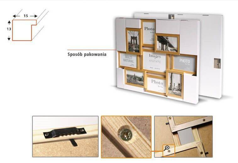 Multirama drewniana Natural 91, zestaw ramek 8 X 10x15 cm, 1 X 13x18 cm - naturalna