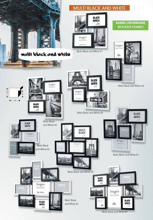 Multirama drewniana Black & White 52, zestaw ramek 5 X 10x15 cm - czarno-biała