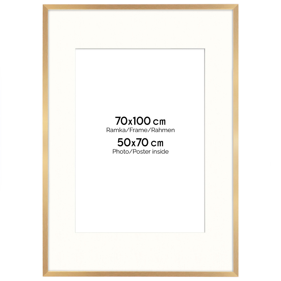 Ramka 70×100 cm w złotym kolorze z passe-partout przeznaczonym na zdjęcia 50×70 cm.