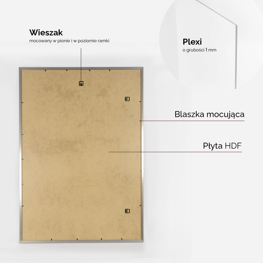 Srebrna ramka z passe partout na zdjęcia w rozmiarze 70x100cm z okienkiem passe partout 50x70 cm