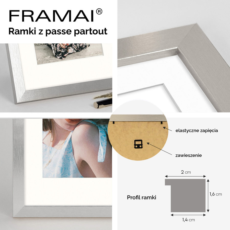 Srebrna ramka z passe partout na zdjęcia w rozmiarze 50x70 cm z okienkiem passe partout 40x60 cm