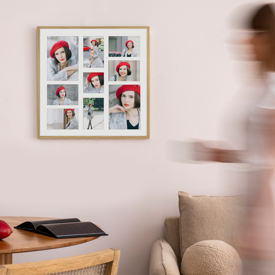 Foto galeria 50x50 cm na 9 zdjęć o wymiarach 10x15 cm 15x21 cm 10x10 cm kolor dębowy