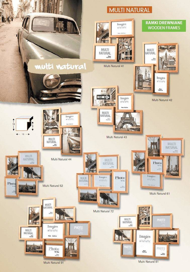 Multirama drewniana Natural 43, zestaw ramek 2 X 10x10 cm, 2 X 13x18 cm - naturalna