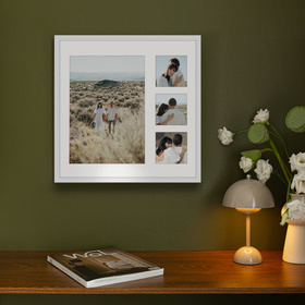 Foto galeria 40x40 cm na 4 zdjęcia o wymiarach 21x30 cm i 9x9 cm w białym kolorze