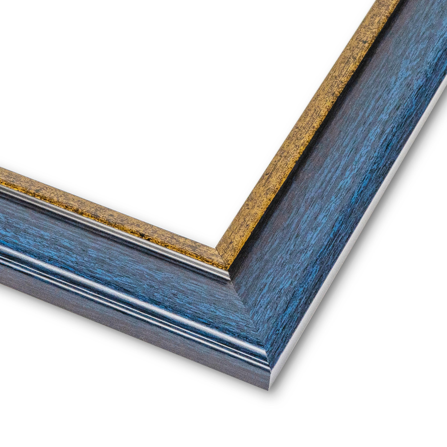 Rama do obrazów, zdjęć oraz plakatów na wymiar LUCA #3122. Drewniana oprawa - kolor miebieski, złoty pasek