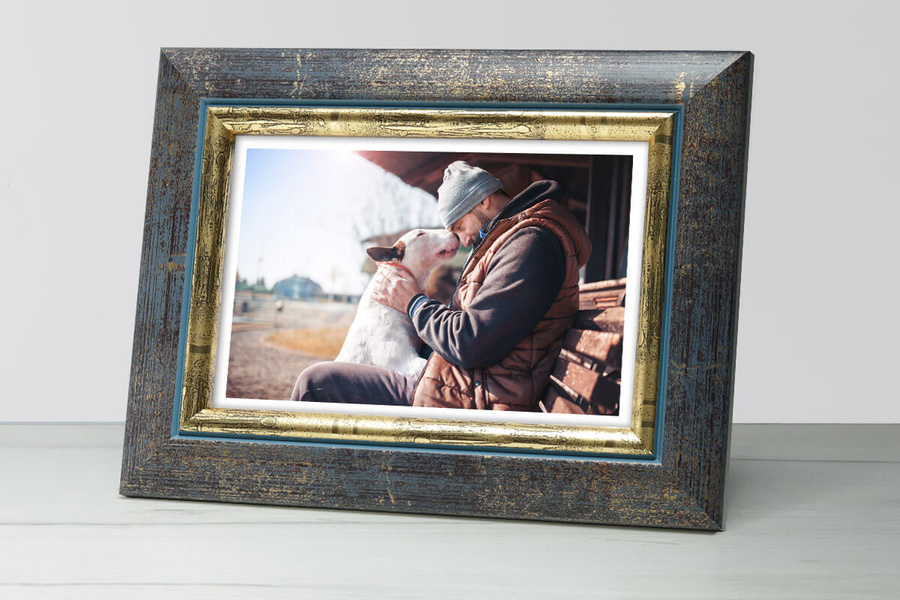 Ramka drewniana QUERO 2067, szlachetna fotoramka na zdjęcia, plakaty lub obrazy - kolor niebieski, złote refleksy