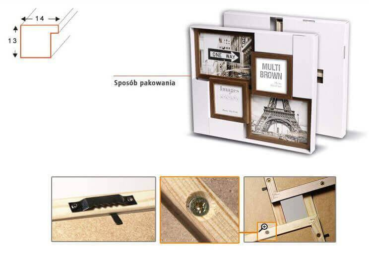 Multirama drewniana Brown 43, zestaw ramek 2 X 10x10 cm, 2 X 13x18 cm - brązowa