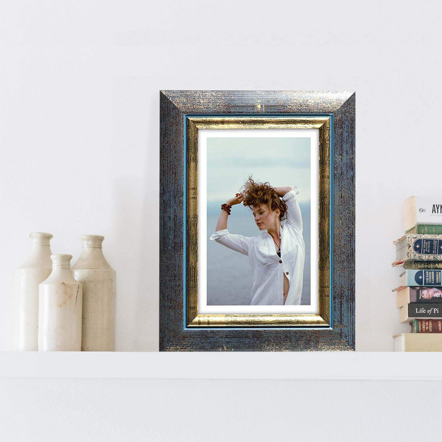 Ramka drewniana QUERO 2067, szlachetna fotoramka na zdjęcia, plakaty lub obrazy - kolor niebieski, złote refleksy