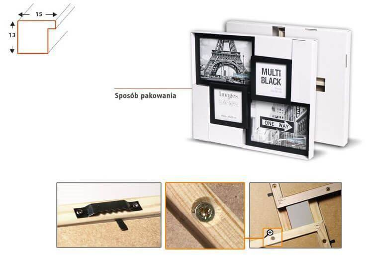 Multirama drewniana Black 43, zestaw ramek 2 X 10x10 cm, 2 X 13x18 cm - czarna