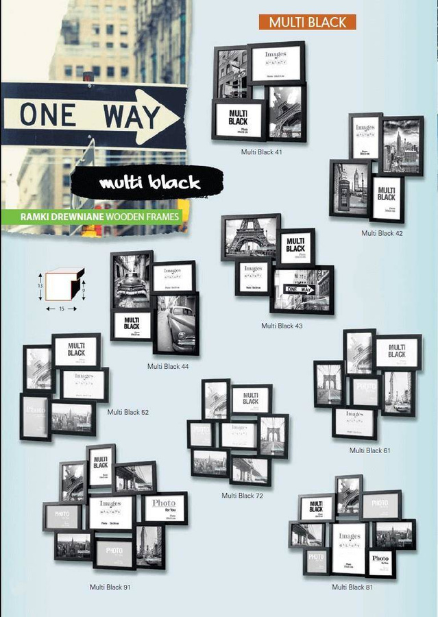 Multirama drewniana Black 61, zestaw ramek 1 X 10x10 cm, 5 X 10x15 cm - czarna