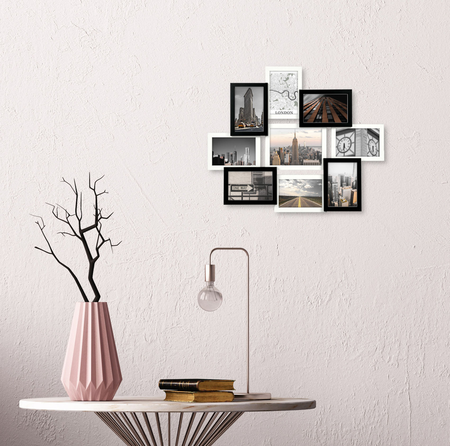 Multirama drewniana Black & White 91, zestaw ramek 8 X 10x15 cm, 1 X 13x18 cm - czarno-biała