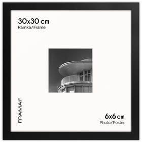 Czarna ramka z passe partout na zdjęcia w rozmiarze 30x30 cm z okienkiem passe partout 6x6 cm