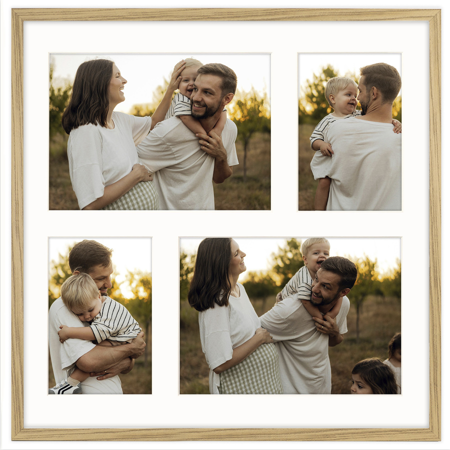 Foto galeria 40x40 cm na 4 zdjęcia o wymiarach 10x15 cm i 15x21 cm w dębowym kolorze