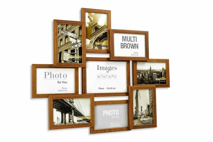 Multirama drewniana Brown 91, zestaw ramek 8 X 10x15 cm, 1 X 13x18 cm - brązowa