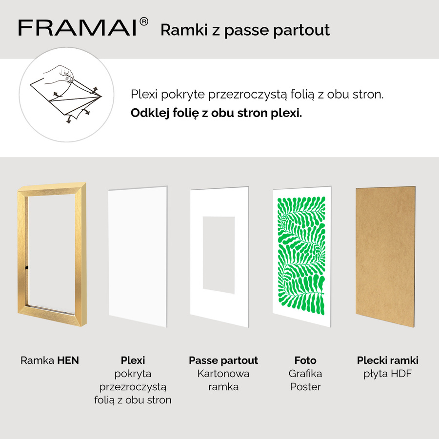 Ramka 40×50 cm w złotym kolorze z passe-partout przeznaczonym na zdjęcia 30×40 cm.