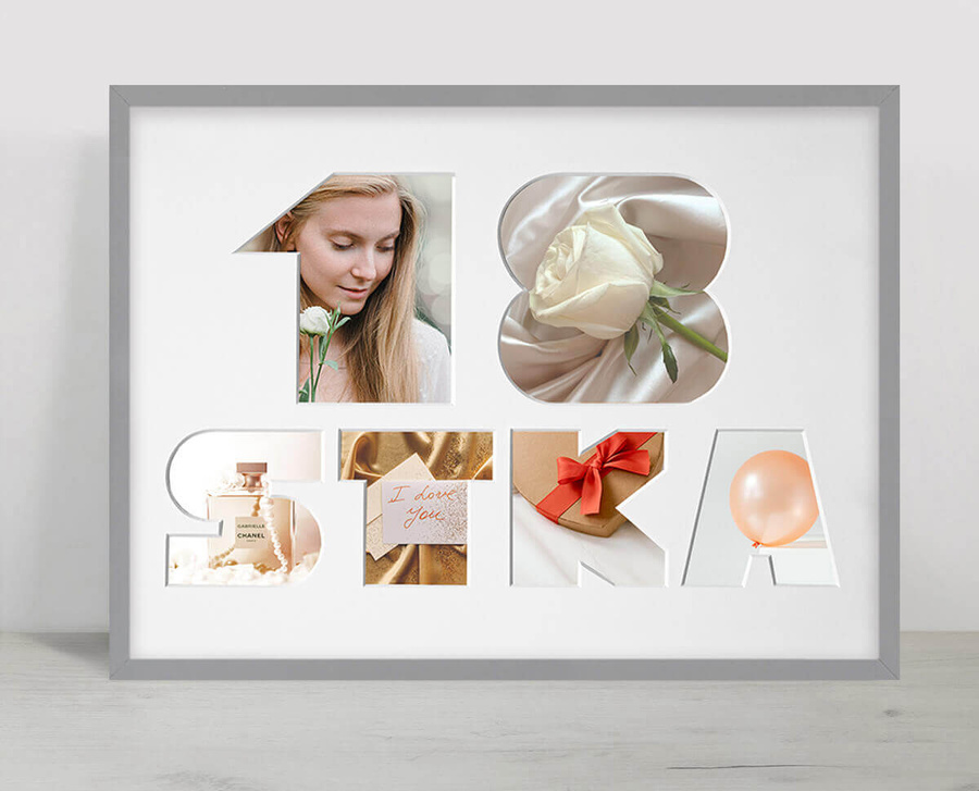 Ramka na 18-ste urodziny w kolorze szarym. Ramka z passe partout o rozmiarze 30x40 cm