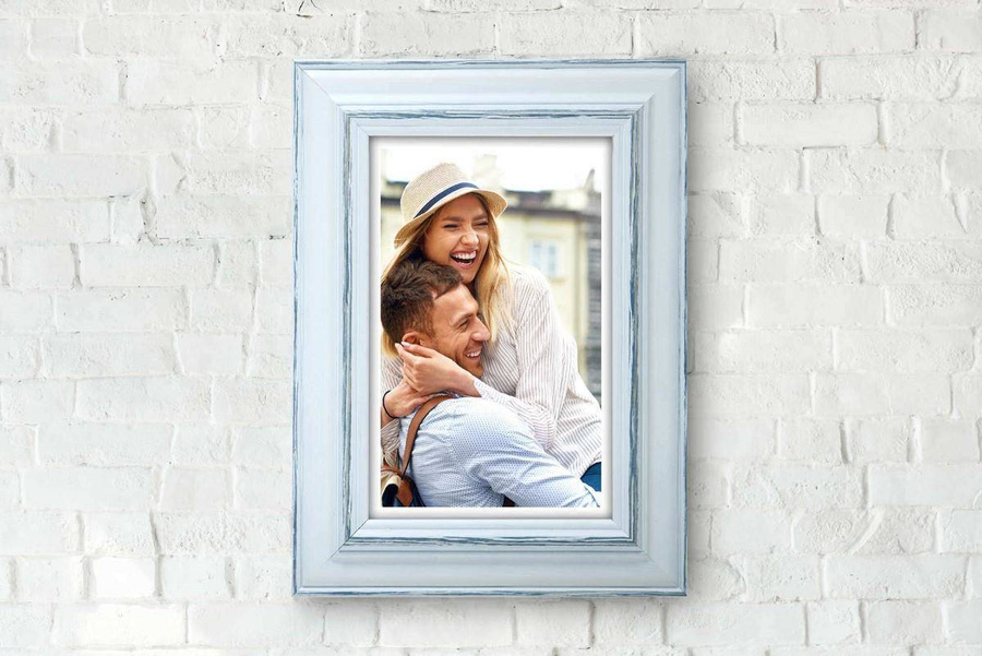 Ramka drewniana MAROTTA 2816, fotoramka na zdjęcia, plakaty lub obrazy - kolor biało-niebieski, przetarcia