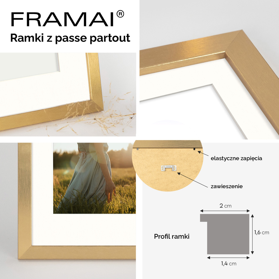 Ramka 30×40 cm w złotym kolorze z passe-partout przeznaczonym na zdjęcia 21x30 cm.