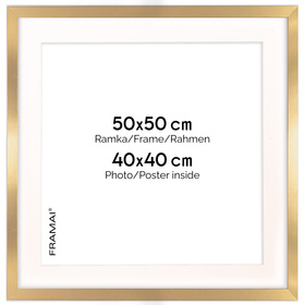 Ramka 50×50 cm w złotym kolorze z passe-partout przeznaczonym na zdjęcia 40×40 cm.