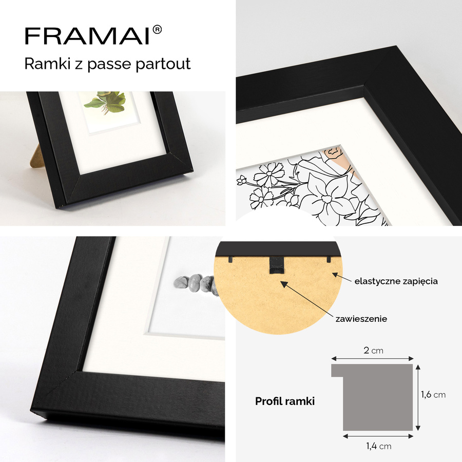 Czarna ramka z passe partout na zdjęcia w rozmiarze 21x29,7 cm z okienkiem passe partout 15x21 cm