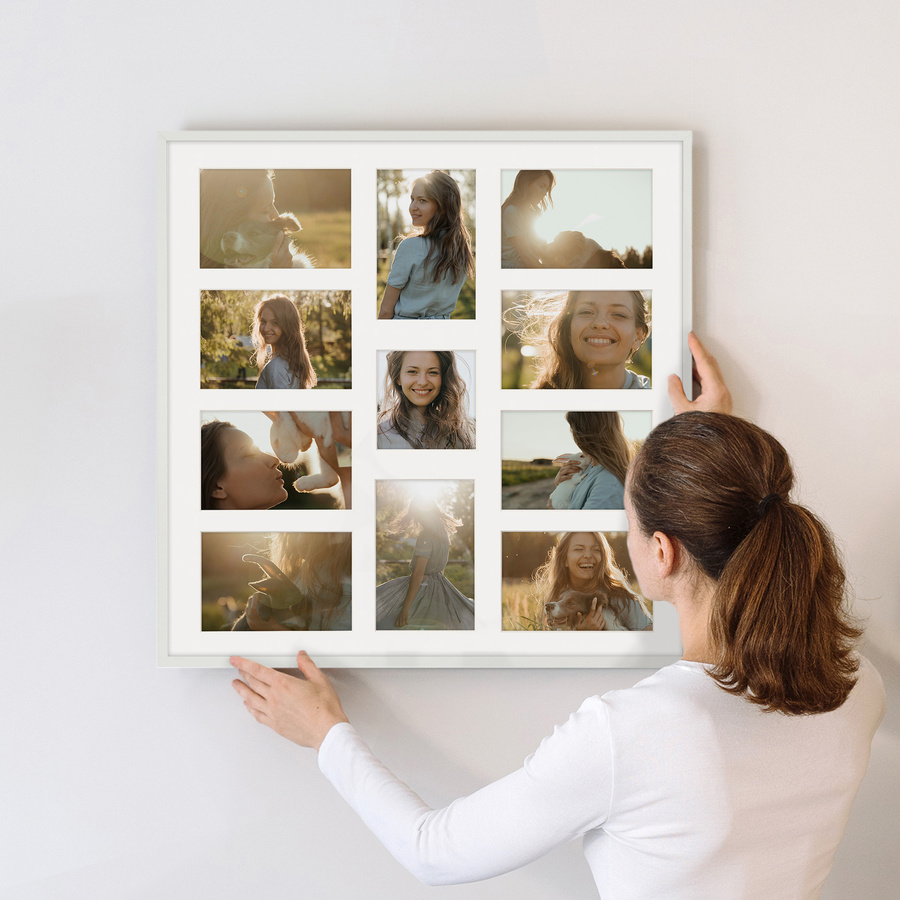 Foto galeria 50x50 cm na 11 zdjęć o wymiarach 10x15 cm i 10x10 cm biała