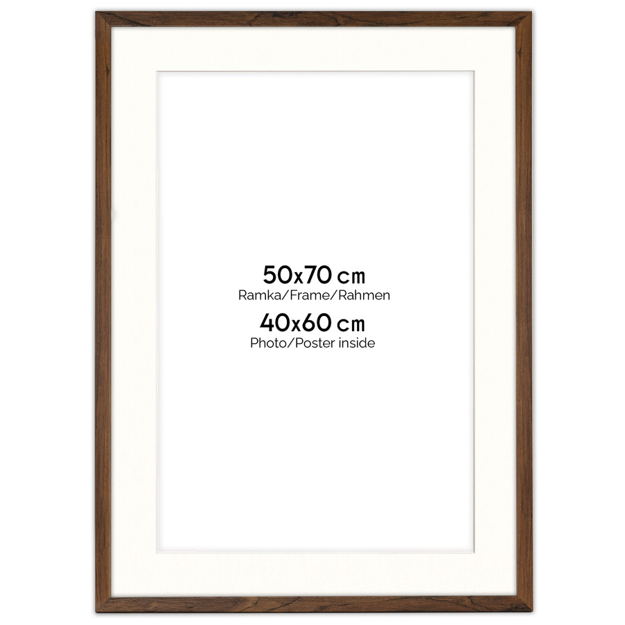 Brązowa ramka z passe partout na zdjęcia w rozmiarze 50x70 cm z okienkiem passe partout 40x60 cm