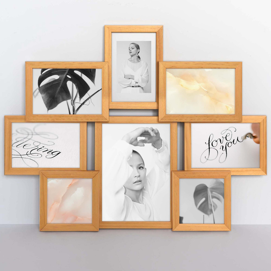 Multirama drewniana Natural 81, zestaw ramek 2 X 10x10 cm, 5 X 10x15 cm, 1 X 15x21 cm - naturalna